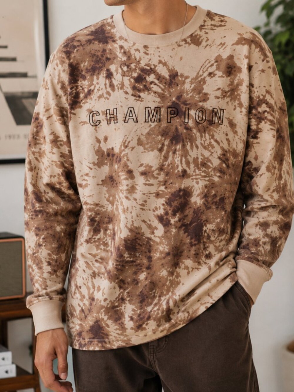 Men's CHAMPION Pullover Long Sleeve Shirt Casual Two Tone Brown Tie Dye Large